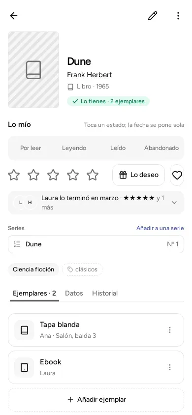 La ficha de Dune, con sus dos ejemplares.