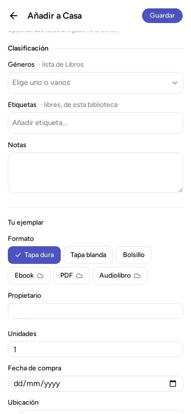 Los datos del ejemplar, al final de la ficha (la pantalla con los datos del libro).