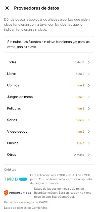 La pantalla «Proveedores de datos», sin cuenta: para cada tipo, cuántos servicios se pueden usar.