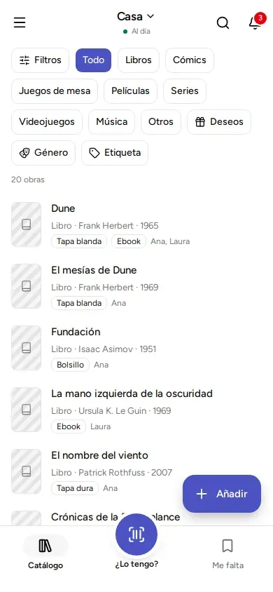Tu biblioteca con varios libros. El botón «Añadir» está abajo a la derecha.