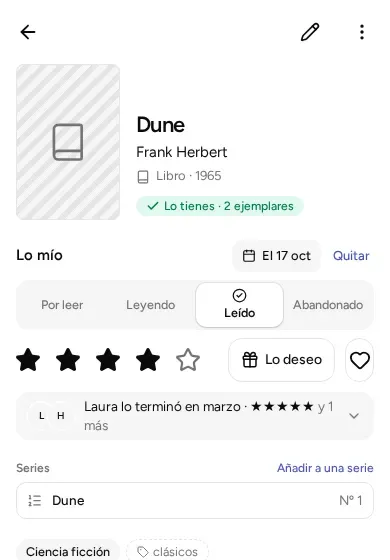 El bloque «Lo mío» de la ficha de Dune: estado «Leído», cuatro estrellas, «Lo deseo» y el corazón, y debajo lo que ha apuntado Laura.