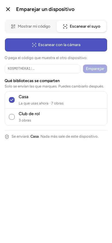En el móvil que recibe: escanear con la cámara o pegar el código.