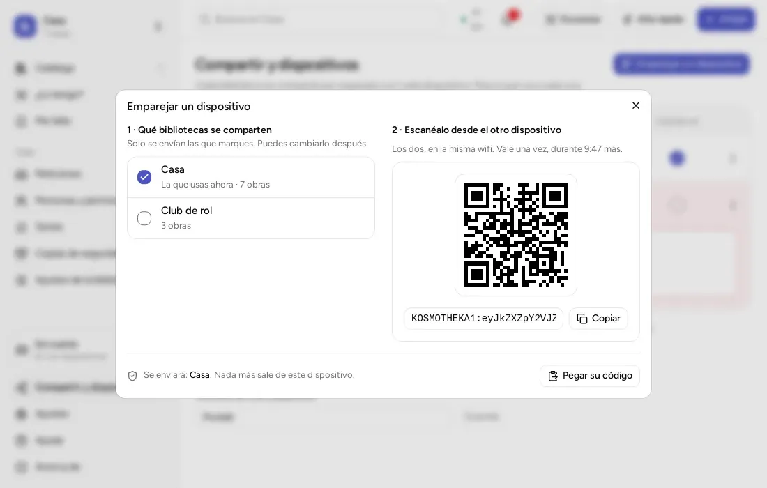 El diálogo de emparejar en el ordenador, con el código QR.